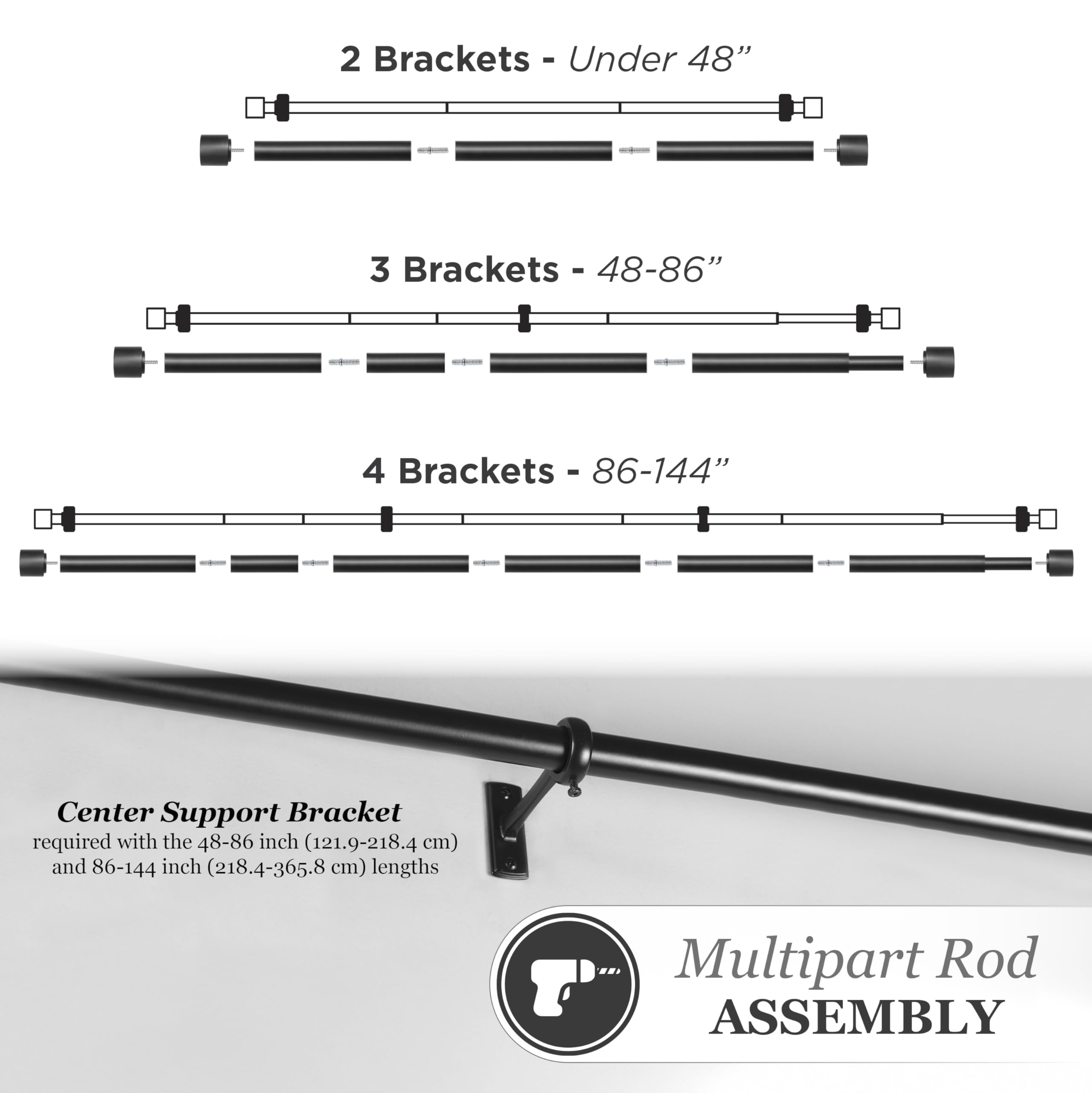 Kenney PiecePerfect - Bryce Multipart Decorative Curtain Rod, 1" Wall-Mounted with Finials, Mounting Hardware, Interchangeable Lengths, Adjustable 16" to 144", Pack of 1, Black - Image 4