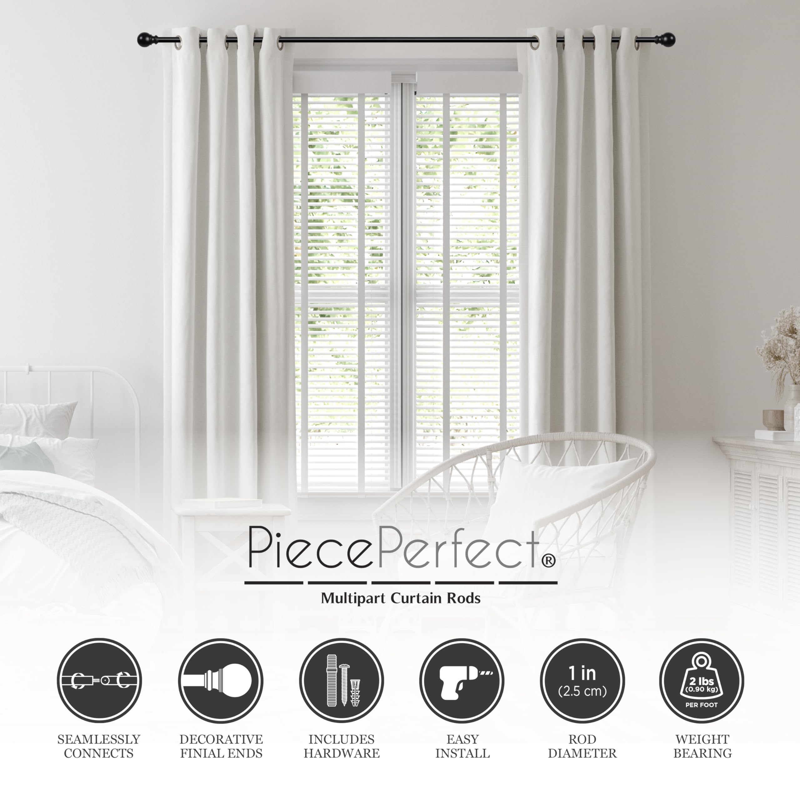 Kenney PiecePerfect - Bryce Multipart Decorative Curtain Rod, 1" Wall-Mounted with Finials, Mounting Hardware, Interchangeable Lengths, Adjustable 16" to 144", Pack of 1, Black - Image 5