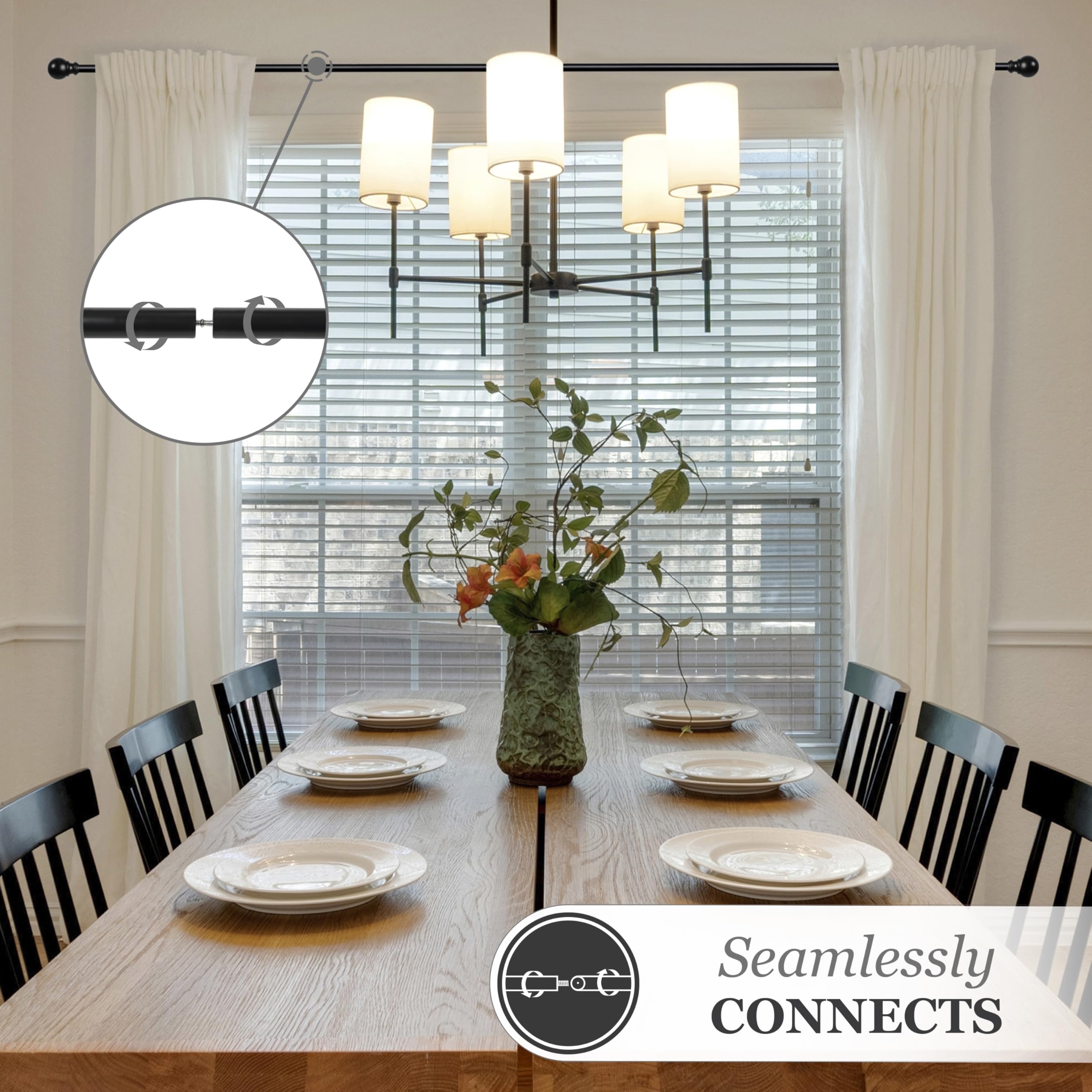 Kenney PiecePerfect - Bryce Multipart Decorative Curtain Rod, 1" Wall-Mounted with Finials, Mounting Hardware, Interchangeable Lengths, Adjustable 16" to 144", Pack of 1, Black - Image 6