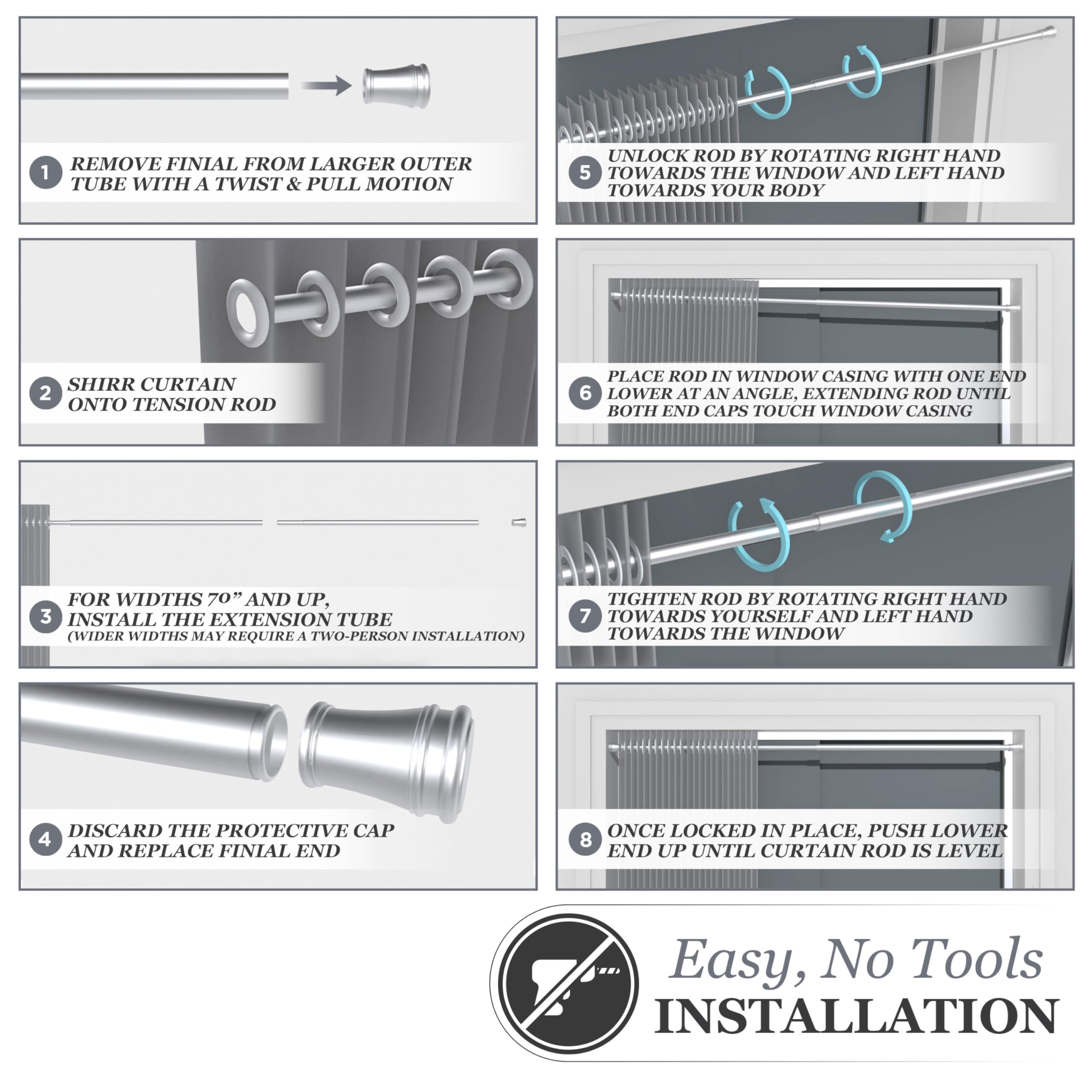 Kenney Nicholas Twist & Fit No Tools Tension Curtain Rod, 48 to 84 Inches, Brushed Nickel Silver Extendable, Easy Install - Image 8