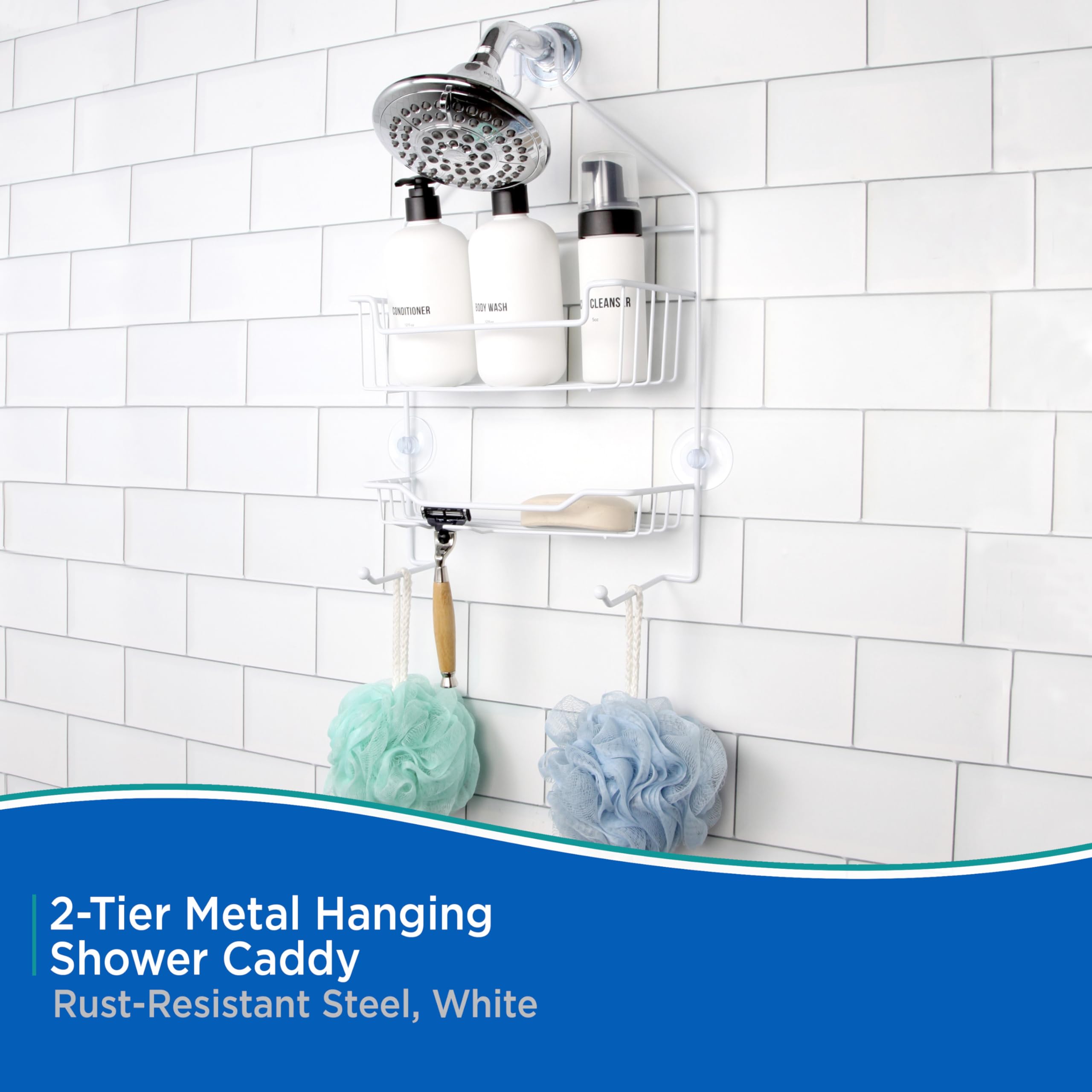 Kenney – Shower Caddy Organizer, Over-the-Showerhead Hanging Design with 2 Rust-Resistant Metal Wire Shelves, Razor Holder & Suction Cups, White - Image 3