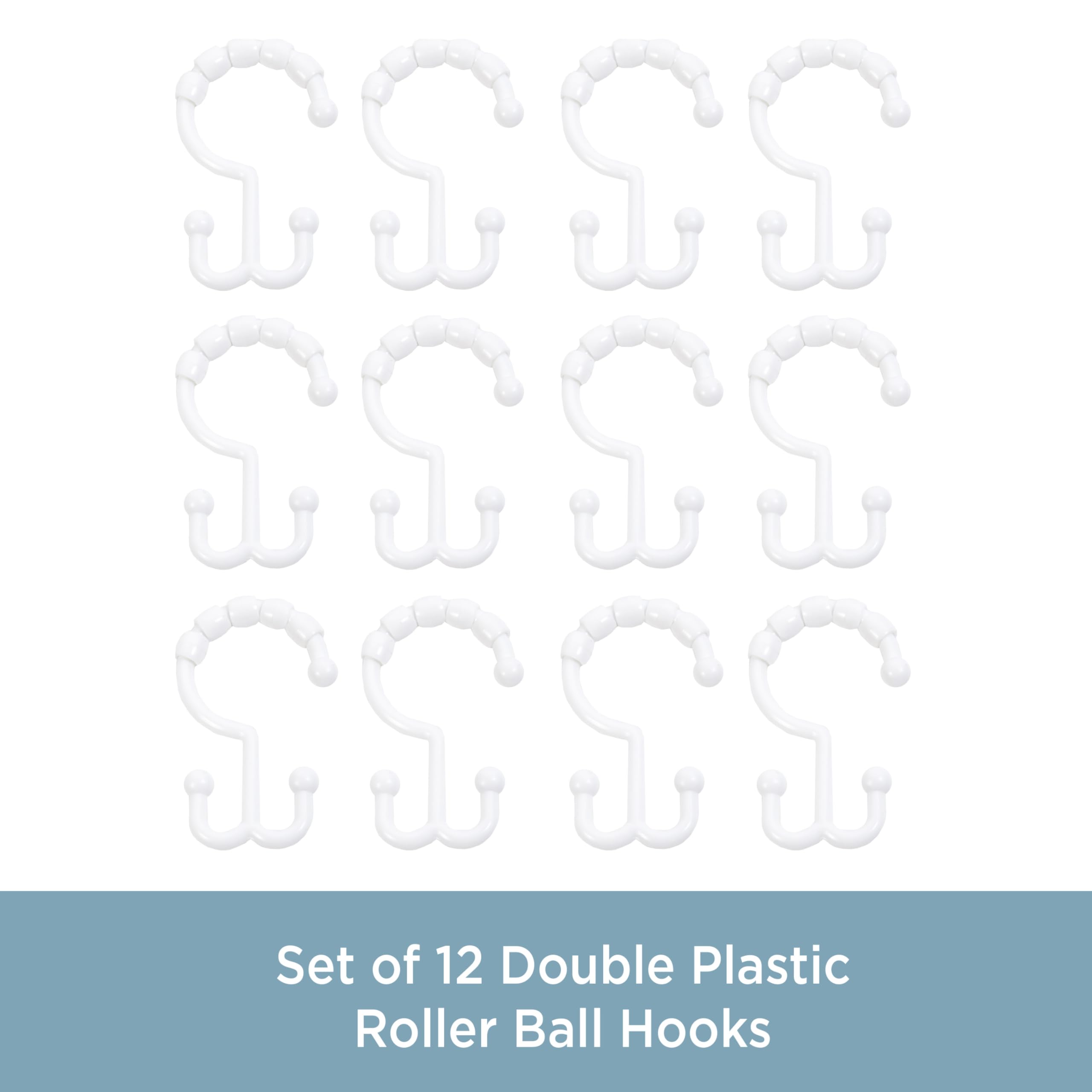 Kenney - Shower Curtain Rings, Rust-Proof Gliding Plastic Beaded Design with Double Hanging Hooks, Fits Standard Shower Curtain Rods, Easy to Install, Set of 12, White - Image 3