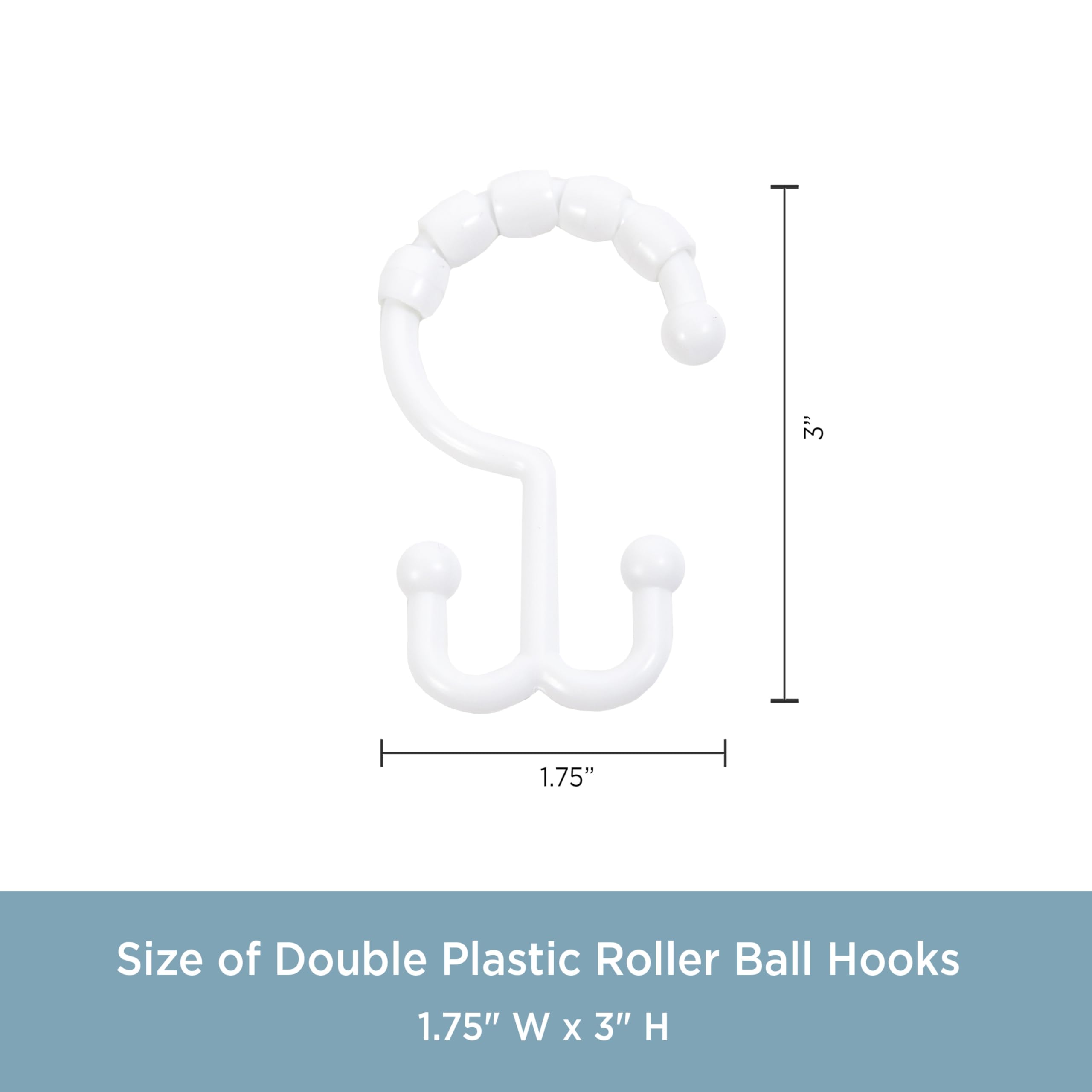 Kenney - Shower Curtain Rings, Rust-Proof Gliding Plastic Beaded Design with Double Hanging Hooks, Fits Standard Shower Curtain Rods, Easy to Install, Set of 12, White - Image 4