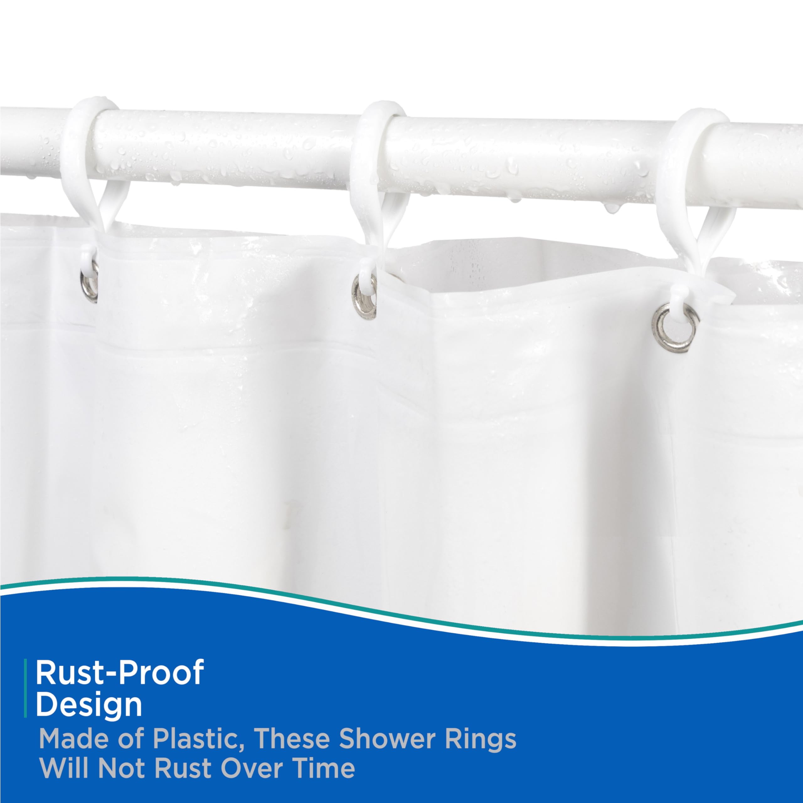 Kenney – Shower Curtain Rings, Smooth Rust-Proof Plastic Double Hooks, Fits Standard Shower Curtain Rods, Set of 12, White - Image 4
