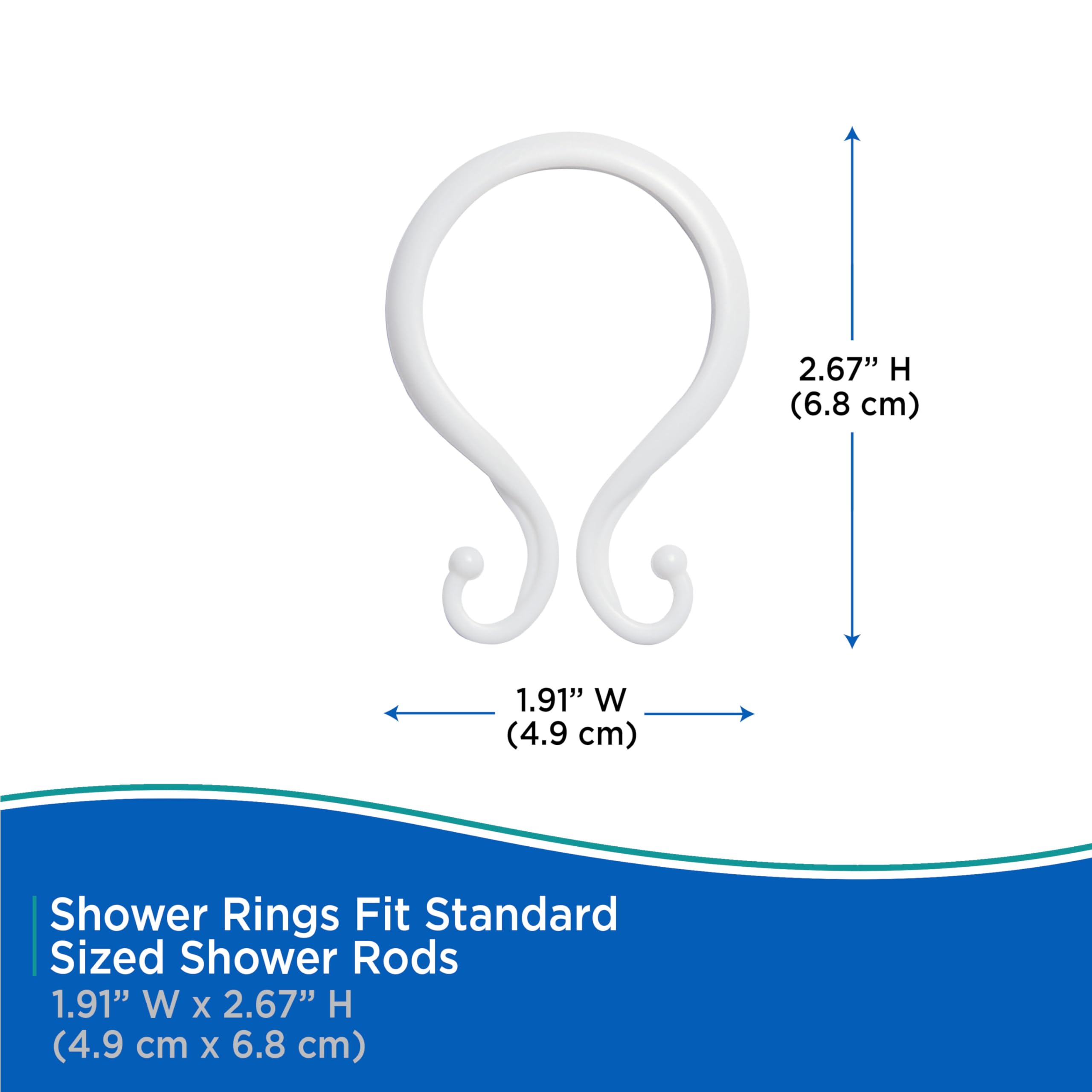 Kenney – Shower Curtain Rings, Smooth Rust-Proof Plastic Double Hooks, Fits Standard Shower Curtain Rods, Set of 12, White - Image 6