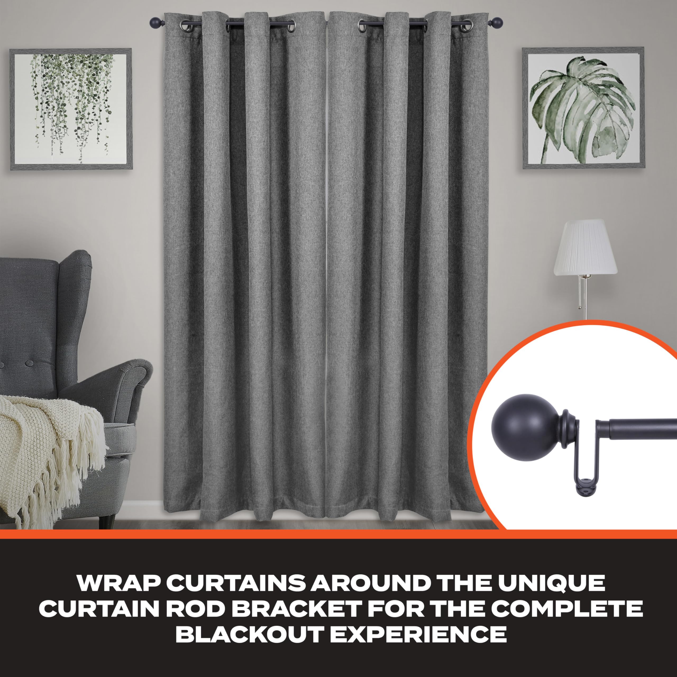 Sun Zero SN45045 Philip Ball End Blackout Room Darkening Wrap Around Decorative Curtain Rod, 36-66" Adjustable Length, Matte Black Finish, 3/4" Diameter Steel Tube - Image 4